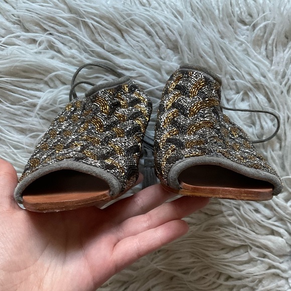 Anthropologie Gray Beaded Suede Tassels Wrap Open Toe Wedge Sandals EUC Size 37 - Picture 7 of 12
